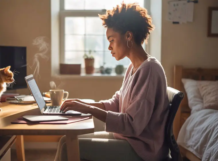 Teletrabalho jornada em casa uma pessoa preta trabalhando de home office me seu quarto com um gato ao lado e uma caneca com liquido quente