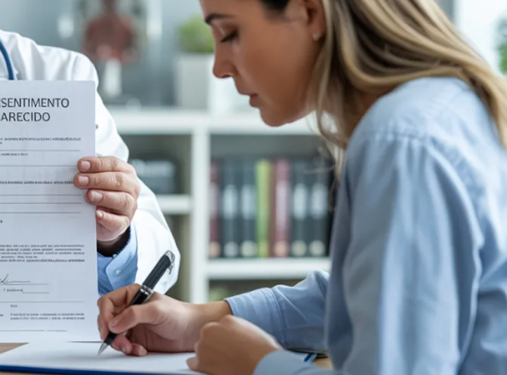 Medico explicando e coletando assinatura de paciente em Termo de Consentimento Livre e Esclarecido (TCLE) em consultório, com escudo de proteção jurídica simbolizando blindagem contra processos por erro médico