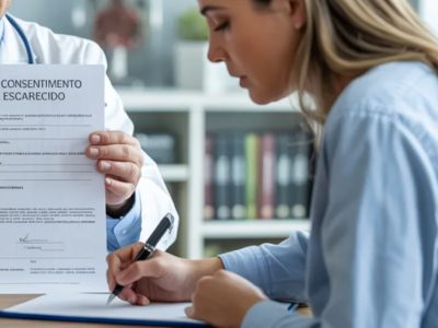 Consulta médica com formulário de consentimento.